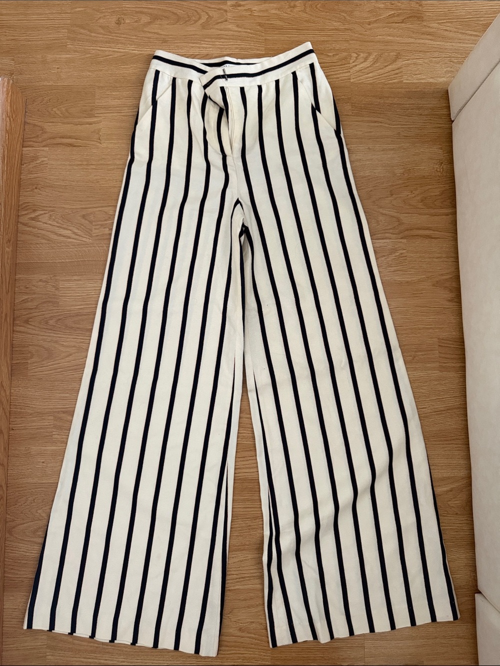 Veronica Beard Cream and Black Striped Trousers